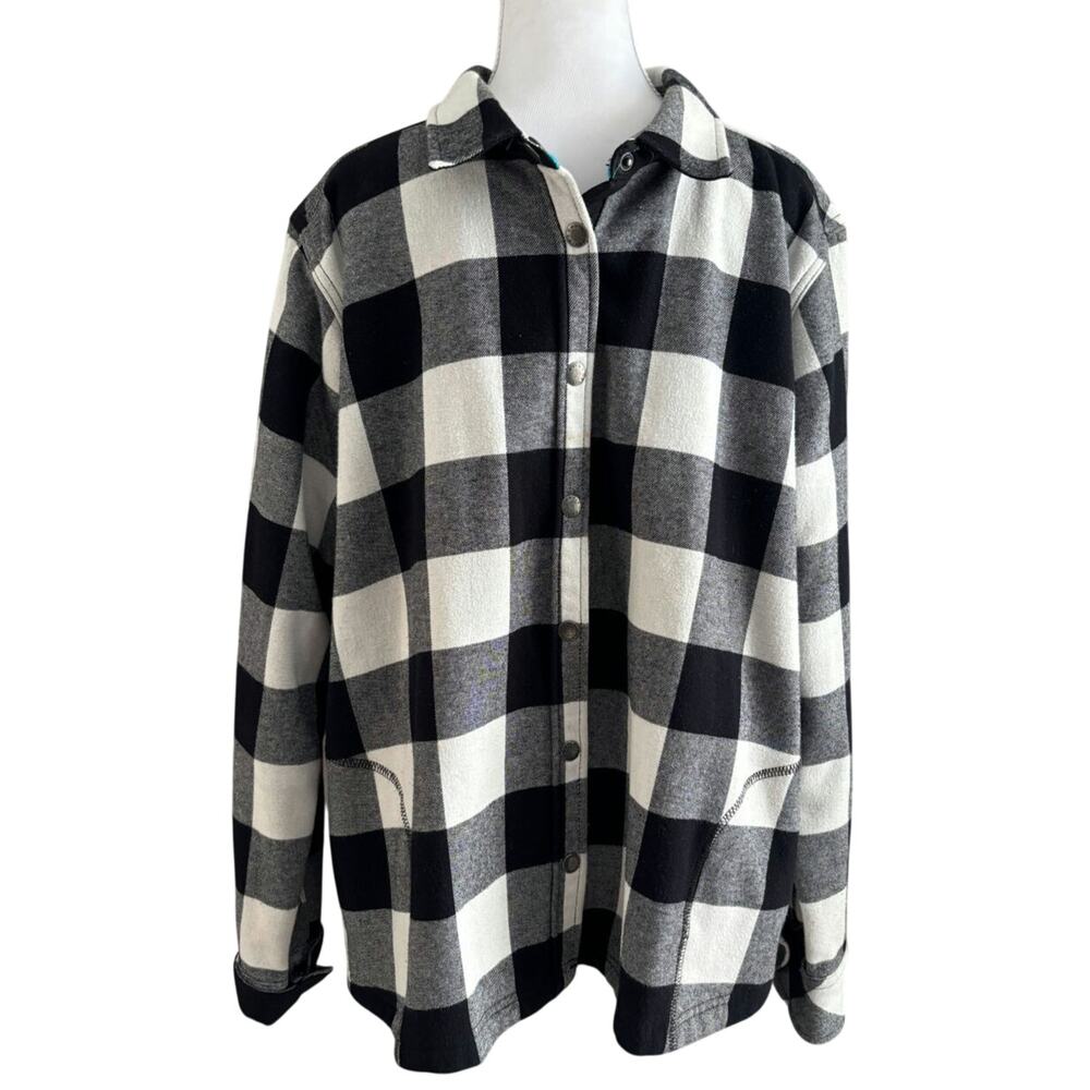 Orvis XXL womens plaid shacket cotton blk/wh snap button fleece lined cabincore
